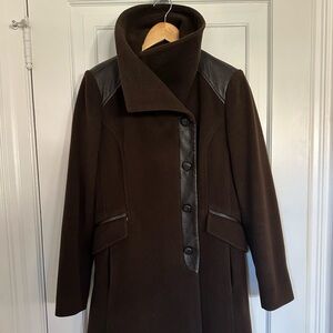 Cashmere and Wool Blend Cost with Lambskin Leather Accents and Funnel Neck